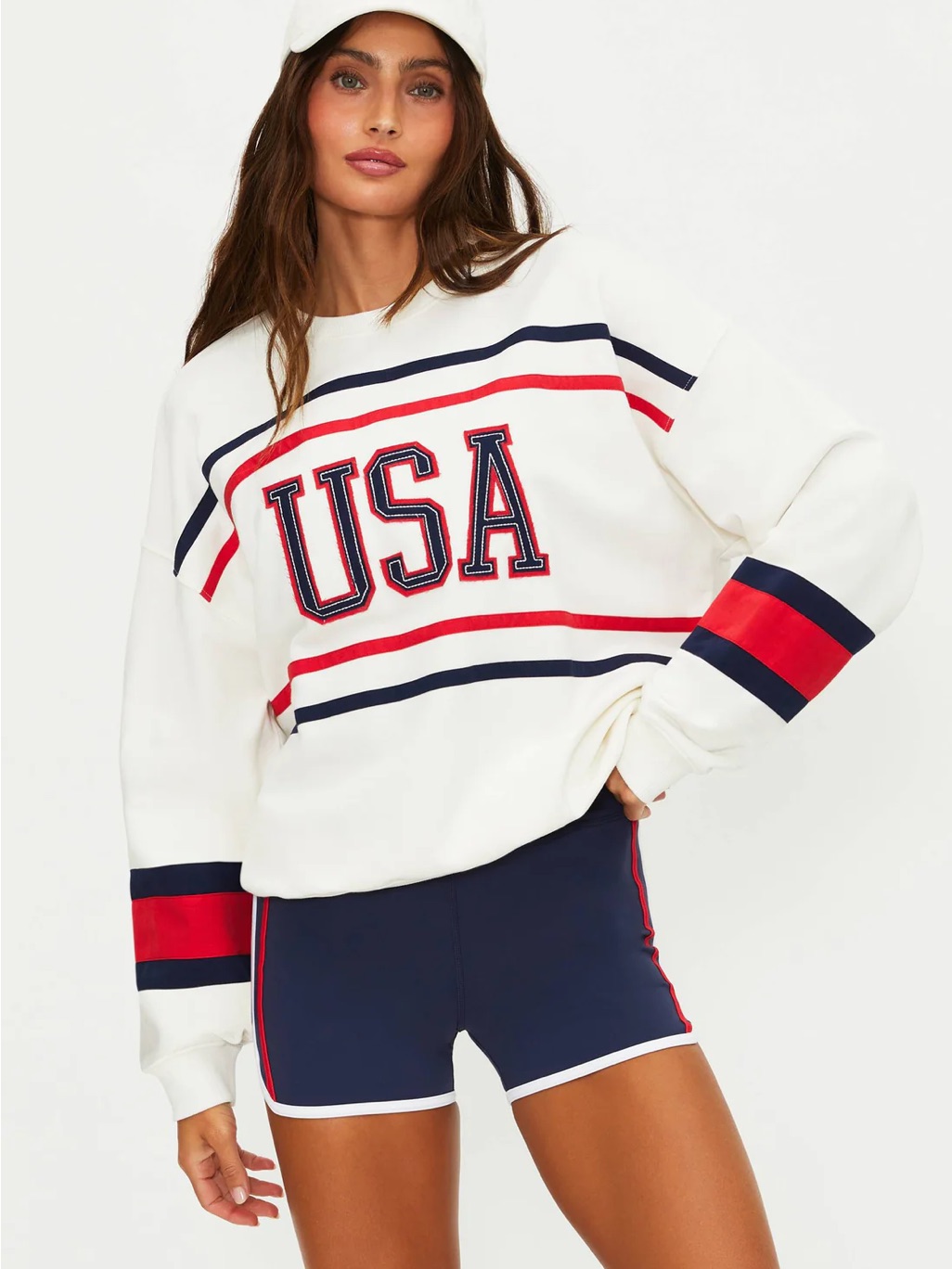 Beach Riot White Usa Crewneck Sweatshirt With Red & Navy Stripes